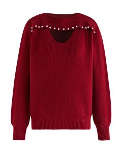 Cutout Pearl Neckline Knit Sweater in Red