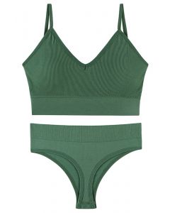 Plain Ribbed Lingerie Bra Top and Thong Set in Green