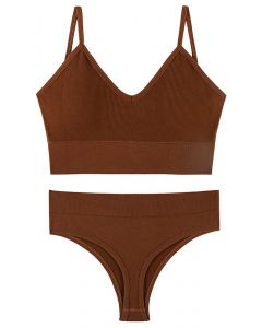 Plain Ribbed Lingerie Bra Top and Thong Set in Caramel