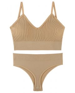 Plain Ribbed Lingerie Bra Top and Thong Set in Tan