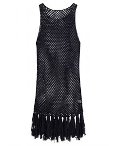 Tassel Hem Hollow Out Sleeveless Knit Cover Up in Black