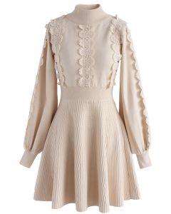 Amiable Attraction Crochet A-Lined Knit Dress in Cream 