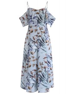 Leaves Print Cold-Shoulder Maxi Dress