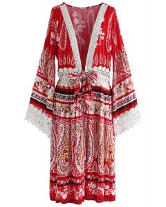 Crochet Trimmed Tie-Front Longline Kimono