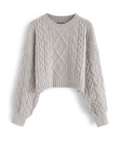 Cable Knit Fluffy Crop Sweater in Sand