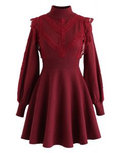 Lace Trims Ribbed Skater Knit Dress in Red