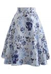 Blue Floral Embossed Jacquard Midi Skirt
