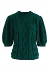 Bubble Sleeve Braided Ribbed Sweater in Dark Green