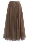 Venus Glitter Mesh Tulle Midi Skirt in Caramel