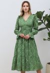 Burnout Floral Ruched Waist Chiffon Midi Dress in Green