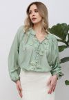Romantic Blossom 3D Lace Flowers Buttoned Shirt in Mint