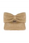 Bowknot Braided Straw Clutch in Khaki