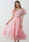 Shimmer Floral Mesh Tulle Midi Skirt in Pink