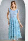 Loveliness 3D Butterfly Embroidered Mesh Tulle Midi Skirt in Blue