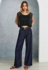 Shimmery Navy Straight-Leg Belted Jeans