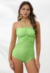 Solid Color Drawstring Halter Neck Swimsuit in Green