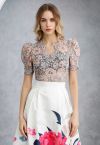 Blossom Lace Puff Sleeve V-Neck Crop Top in Nude Pink