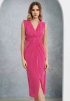 Cinched Waist Faux-Wrap Sheath Dress in Hot Pink