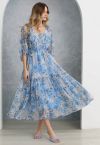 Gauzy Floral Print Bubble Sleeve Dolly Dress in Blue