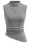 Detachable Necklace Adorned Asymmetric Sleeveless Top in Grey