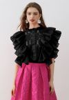 Tiered Ruffle Sleeveless Lace Crop Top in Black