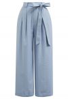 Bow Tie Sash Pleated Wide-Leg Pants in Blue