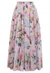 Vivid Floral Print Pleated Maxi Skirt in Pink