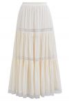 Lace Spliced Cotton Midi Skirt in Cream