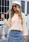 Ribbon Bowknot Pattern Jacquard Knit Sweater in Cream