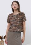 Sequin Mosaic Fuzzy Crop Top in Caramel