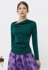 Side Knot Ruched Long-Sleeve Knit Top in Emerald