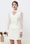 Sheer Sleeves Spliced Knit Top with Scarf in White