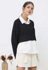 Fake Two-Piece Knit Spliced Collared Shirt in Black