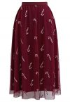 Shimmer Candy Cane Mesh Tulle Midi Skirt in Burgundy