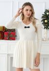 Delicate Bow Puff Sleeve Pleated Knit Mini Dress in Cream