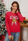 Sequin Bowknot Candy Cane Knit Sweater in Red