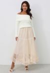 Ruffle Hem Double-Layered Mesh Maxi Skirt in Apricot