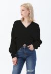 Crisscross Ribbed Knit Crop Sweater in Black