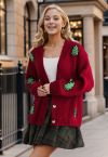 Sequin Christmas Tree Patch Button-Up Cardigan in Red