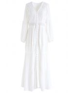 Button Down Crochet Embroidered Boho Maxi Dress in White