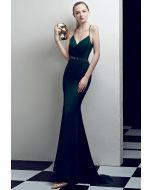 Beaded Waist Crisscross Open Back Cami Gown in Emerald