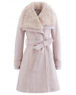 Faux Fur Wide Lapel Wool-Blend Coat in Pink