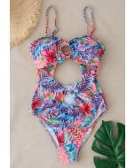 O-Ring Tropical Printed One-Piece Swimsuit in Pink