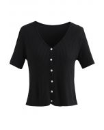 Buttoned V-Neck Short Sleeve Rib Knit Top in Black