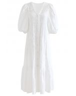 Button Down Bubble Sleeve Embroidered Dolly Dress in White
