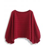 Boat Neck Batwing Sleeve Crop Sweater in Red
