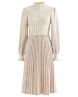 Cable Knit Spliced Pleated Midi Dress in Cream