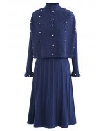 Pearl Trim Pleated Knit Twinset Dress in Indigo