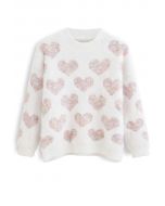Fuzzy Pink Heart Pearl Trim Knit Sweater