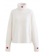 Embroidered Red Heart Turtleneck Crop Sweater in White